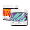 Two supplement containers labeled 'Creatine' and 'Aminos' with colorful labels on a white background. #flavor_mixed_berry_powder