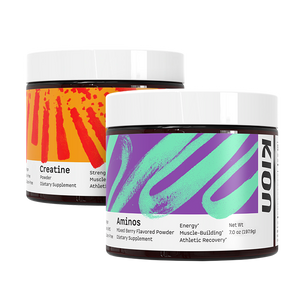 Two supplement containers labeled 'Creatine' and 'Aminos' with colorful labels on a white background. #flavor_mixed_berry_powder - #flavor_mixed_berry_powder