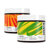 Two supplement containers labeled 'Creatine' and 'Aminos' with colorful labels on a white background. #flavor_cool_lime_powder