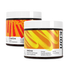 Two supplement containers labeled 'Creatine' and 'Aminos' with colorful labels on a white background. #flavor_mango_powder