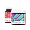 Two supplement containers on a black background: a brown bottle labeled Omega Fish Oil and a dark jar labeled Aminos with a white lid and a purple and mint label. The KION brand name is visible on the jar.
#flavor_mixed_berry_powder