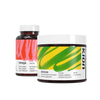 Two dietary supplement containers on a plain white background: a brown bottle labeled Omega Fish Oil in the back and a white-lidded jar labeled Aminos Muscle-Building in the front. The Aminos label has bold green and yellow brushstroke graphics, and the Omega bottle has a coral pink label.
#flavor_cool_lime_powder