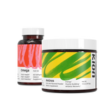 Two dietary supplement containers on a plain white background: a brown bottle labeled Omega Fish Oil in the back and a white-lidded jar labeled Aminos Muscle-Building in the front. The Aminos label has bold green and yellow brushstroke graphics, and the Omega bottle has a coral pink label.
#flavor_cool_lime_powder