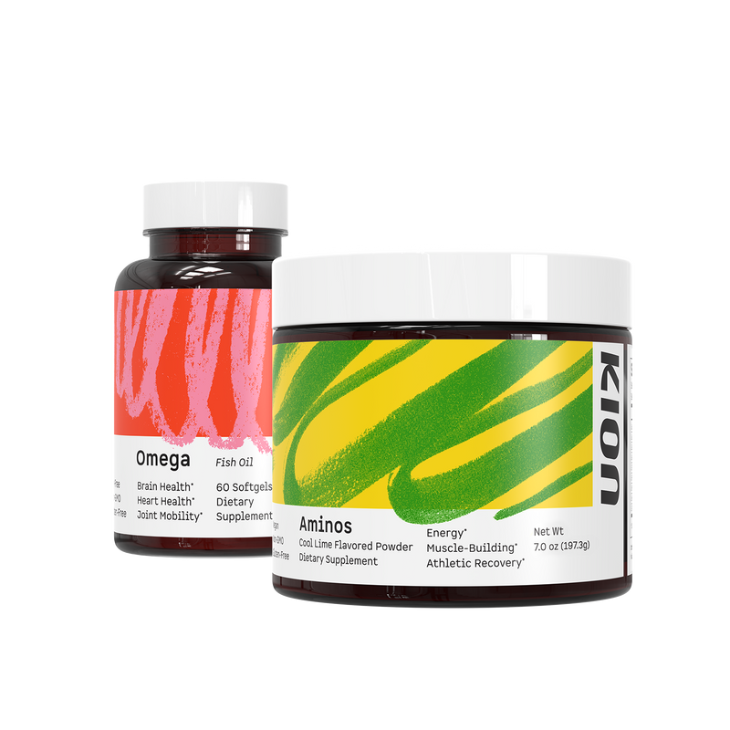 Two dietary supplement containers on a plain white background: a brown bottle labeled Omega Fish Oil in the back and a white-lidded jar labeled Aminos Muscle-Building in the front. The Aminos label has bold green and yellow brushstroke graphics, and the Omega bottle has a coral pink label.
#flavor_cool_lime_powder