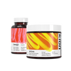 Two dietary supplement containers on a plain white background: a dark amber bottle labeled Omega Fish Oil and a white tub labeled Aminoós Energy Muscle Building Athletic Recovery.
#flavor_mango_powder