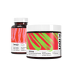 Two dietary supplement containers on a plain white background: a brown bottle labeled Omega Fish Oil in the back and a white-lidded jar labeled Aminos Energy Muscle-Building Athletic Recovery in the front. The labels have bold pink, red, and green abstract patterns, and the brand KION is visible on the front label.
#flavor_watermelon_powder