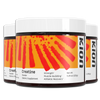 Three tubs of Kion Creatine Powder with orange-and-red labels and white lids, shown in a stacked product display.