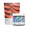 Two Kion sports supplement products on a plain white background: a large resealable pouch labeled Clean Protein and a white tub labeled Aminos with a purple, teal, and dark brown label.

#aminos_mixed_berry_power
#protein_rich_chocolate