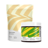 Kion Clean Protein and Kion Aminos dietary supplement products shown on a solid white background. The image features a stand-up pouch of Clean Protein with a gold and white chevron pattern, alongside a jar of Kion Aminos with a green and yellow label and white lid.

#aminos_cool_lime_powder
#protein_purely_unflavored