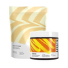 Two Kion dietary supplement products on a plain white background: a stand-up pouch labeled Clean Protein and a white tub labeled Aminos with a yellow-orange label.

#aminos_mango_powder
#protein_purely_unflavored