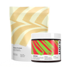 Two Kion dietary supplement products on a white background: a large stand-up pouch labeled Clean Protein and a smaller jar labeled Aminos, with the Kion logo visible on the jar label.

#aminos_watermelon_powder
#protein_purely_unflavored