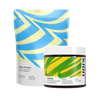 Two Kion dietary supplement products on a plain white background: a stand-up pouch labeled Clean Protein with blue and pale yellow abstract stripes, and a jar labeled Aminos with a green and yellow abstract label and a white lid.

#aminos_cool_lime_powder
#protein_smooth_vanilla