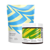 Two Kion dietary supplement products on a plain white background: a stand-up pouch labeled Clean Protein with blue and pale yellow abstract stripes, and a jar labeled Aminos with a green and yellow abstract label and a white lid.

#aminos_cool_lime_powder
#protein_smooth_vanilla
