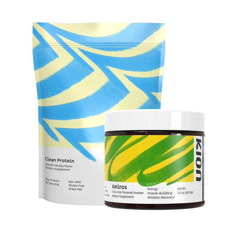Two Kion dietary supplement products on a plain white background: a stand-up pouch labeled Clean Protein with blue and pale yellow abstract stripes, and a jar labeled Aminos with a green and yellow abstract label and a white lid.

#aminos_cool_lime_powder
#protein_smooth_vanilla
