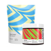 Two Kion dietary supplement products on a white background: a large stand-up pouch labeled Clean Protein with blue and pale yellow abstract stripes, and a smaller jar labeled Aminos with a red, green, and white abstract label.

#aminos_watermelon_powder
#protein_smooth_vanilla