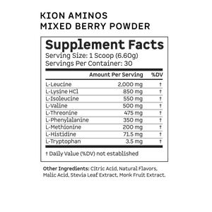 Supplement facts label for Kion Aminos Mixed Berry Powder on a white background #flavor_mixed_berry_powder - #flavor_mixed_berry_powder