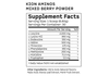 A supplement facts label for Kion Aminos Mixed Berry Powder, showing a black-and-white nutrition panel with listed amino acids and other ingredients.

#flavor_mixed_berry_powder