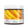 A container of Kion Aminos Powder with a yellow and orange design, labeled as 'Mango Flavored' and indicating it is a dietary supplement for energy, muscle building, and athletic recovery. #flavor_mango_powder