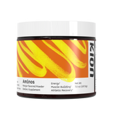 A container of Kion Aminos Powder with a yellow and orange design, labeled as 'Mango Flavored' and indicating it is a dietary supplement for energy, muscle building, and athletic recovery. #flavor_mango_powder